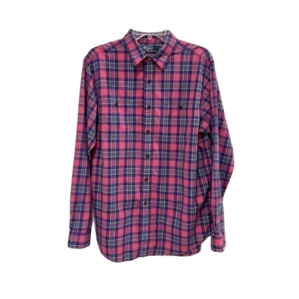 Polo Ralph Lauren Pink/Blue Plaid Long-Sleeve Button Down Shirt Men’s Sz L -EUC
